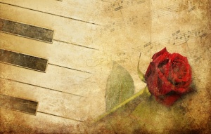 sheet music with red rose sepia
